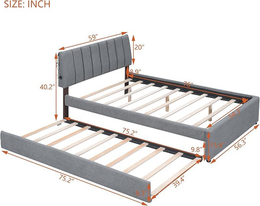 Bellemave Full Bed Frame with Trundle and LED Lights,Teddy Fleece Upholstered Platform Bed Frame with USB,Full Size Trundle Bed with Headboard for Kids Teens Adults,Gray