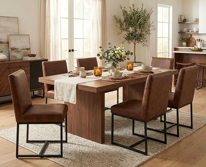 CIMOTA Modern Dining Chairs Set of 2, Leather Dining Room Chairs Upholstered Mid Century Armless Guest Side Chair with Black Base for Dining Room/Kitchen, Vintage Brown 2PCS