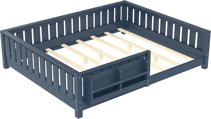 Bellemave Queen Size Floor Bed with Slats and Safety Guardrail, Queen Size Montessori Floor Bed with Fence and Built-in Bookshelf, Easy Assemble Montessori Beds for Girls, Boys, Blue