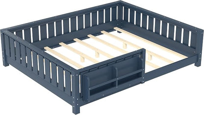Bellemave Queen Size Montessori Floor Bed with Slats and Fence, Queen Size Montessori Bed with Rails and Bookcase, Easy Assemble Floor Beds Frame,Blue