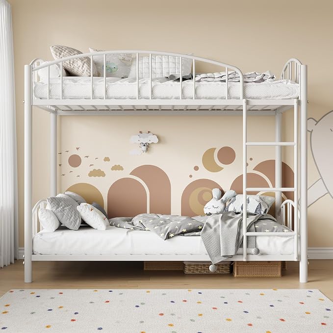 GarveeHome Metal Bunk Bed Twin Over Twin, Heavy Duty Bunkbeds Frame with Arched Guardrail and Safety Ladder, Sturdy Steel Bed for Kids Boys Girls, Space-Saving, No Box Spring Needed, Modern White