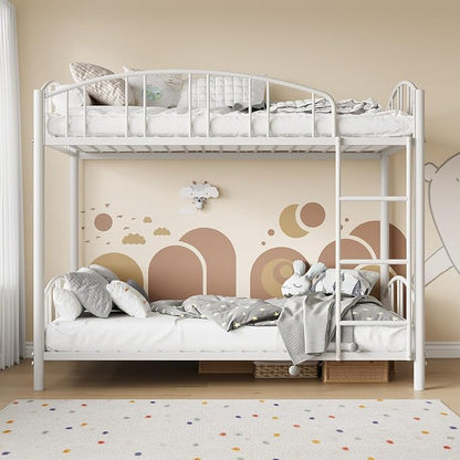 GarveeHome Metal Bunk Bed Twin Over Twin, Heavy Duty Bunkbeds Frame with Arched Guardrail and Safety Ladder, Sturdy Steel Bed for Kids Boys Girls, Space-Saving, No Box Spring Needed, Modern White