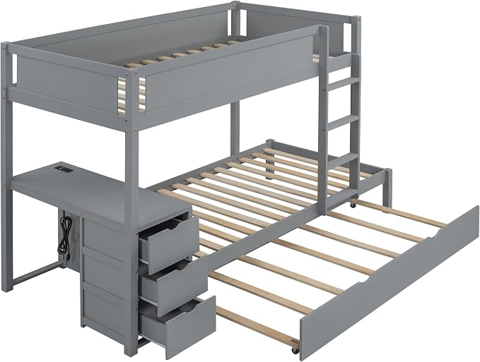 Harper & Bright Designs Twin Over Twin Bunk Bed Twin Size Trundle, Wood Twin Bunk Bed with USB Ports, Storage and Desk, Gray