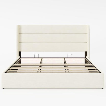 Allewie King Size Lift Up Storage Bed, Chenille Fabric Upholstered, Modern Wingback Headboard, Hydraulic Support, No Box Spring Needed, Cream White