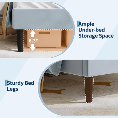 Garvee Twin Upholstered Bed Frame withCute Cat Headboard, Velvet Princess Platform Bed Frame with Sturdy Wood Slats Support for Girls/Kids, No Box Spring Needed, Blue