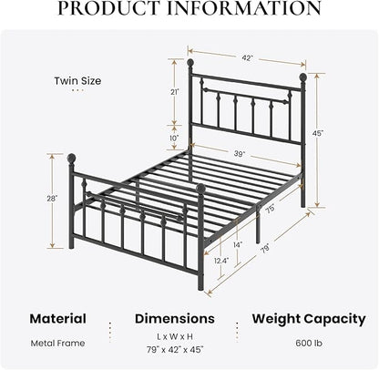 SHA CERLIN 14" Twin Size Metal Platform Bed Frame/Victorian Headboard and Footboard/Steel Slats Mattress Foundation for Storage/No Box Spring Needed/Noise Free/Black