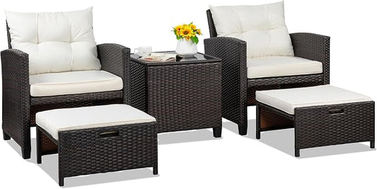 Shintenchi 5 Pieces Patio Furniture Set, Outdoor Wicker Patio Conversation Set with Ottoman, All Weather Rattan Outside Chairs with Coffee Table & Cushion for Porch, Garden, Backyard, Beige