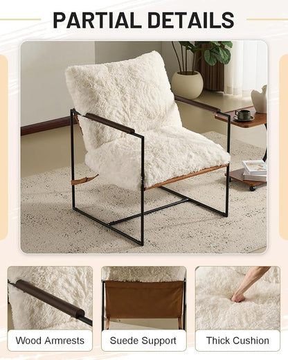 Karl home Modern Metal Frame Accent Chair, Creamy | Plush Fleece Upholstered, Wood Padded Armrest, 28" Seat Width, Comfy Lounge Armchair for Living Room, Bedroom, Apartment
