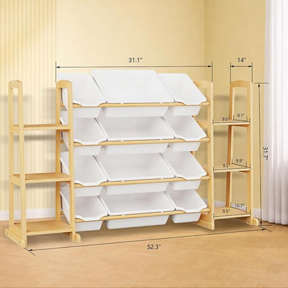Toy Storage Organizer with Bookshelf – Wooden Toy Organizer with 12 Toy Bins & 6 Tier Bookcase,Quick Assembly Kids Bookshelf,Toy Bin for Playroom, Bedroom, Nursery– White