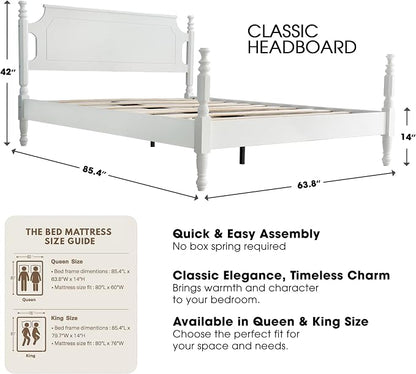 Solid Wood Queen Size Platform Frame, Headboard & Footboard, No Box Spring Needed, 12 Wooden Slats, Center Metal Legs, Slip-Free, Simple Assembly, Under Bed Storage, Pure White Finish, ROQ-39