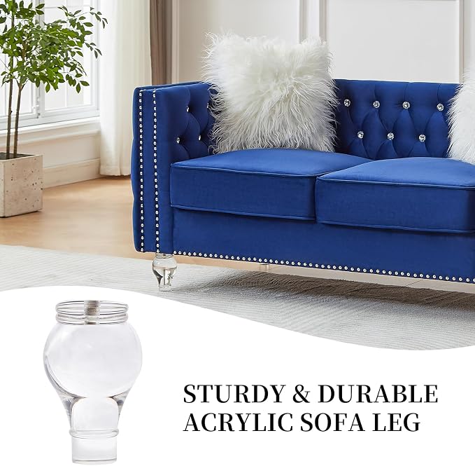 60" Chesterfield Sofa, Velvet Mid-Century Modern Upholstered Loveseat Sofa with 2 Throw Pillows and Acrylic Legs, Nailhead Button Tufted Vintage Couch for Living Room, Apartment, Blue