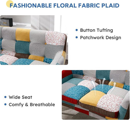 Bonzy Home Modern Boho Loveseat Couch Sofa Chair for Living Room Bedroom, Upholstered Colorful Plaid Fabric 2-Seat Love Seat Sofa with Wood Leg for Small Space, One Loveseat