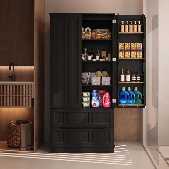 Gizoon 72" Tall Kitchen Pantry Cabinet with Drawers for Dining Room, Food Pantry Storage Cabinet with 8 Doors Shelves for Snack and Spice, Large Craft Storage Cabinet for Craft Room, Black, Painted