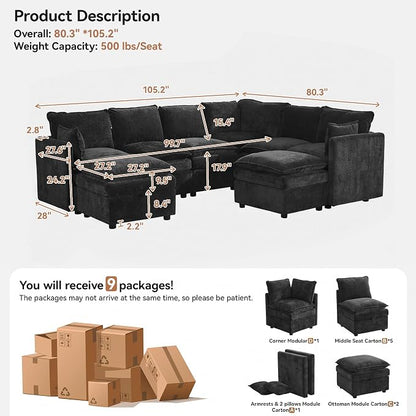 105" Black Modular Storage Sofa, U Shaped Chenille Couch with 2 Ottomans | Oversized Convertible Sectional Sofa, 6-Seat Sectional Couch With 2 Ottomans, Large Cloud Couch For Living Room, Apartment.