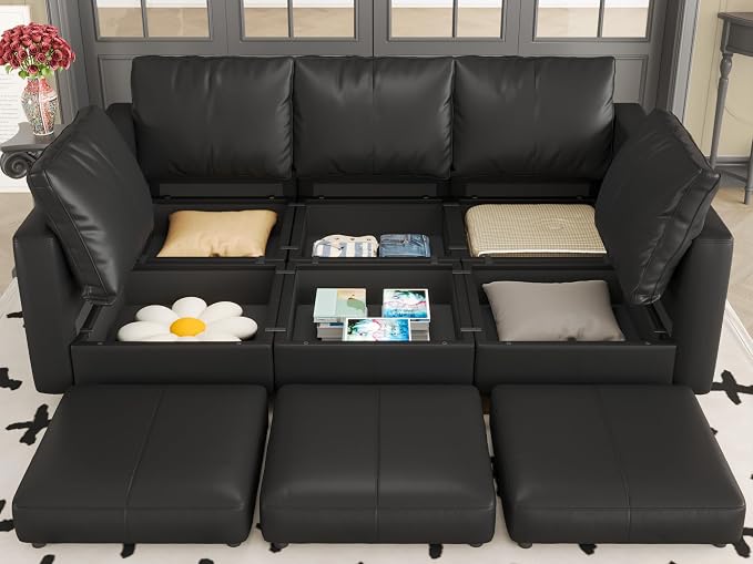 EASE MOOSE Faux Leather Modular Sleeper Couch Sectional Sofa Bed with Storage,Convertible Faux Leather Sectional Sofa,Black