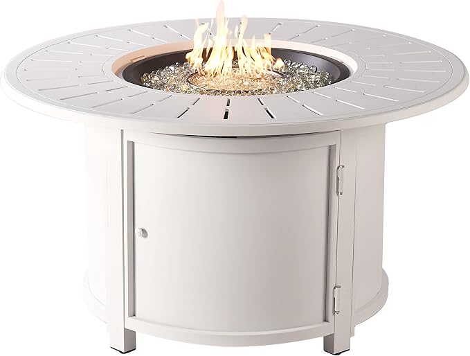 Oakland Living Round 44 in. x 44 in. Aluminum Propane Fire Pit Table with Glass Beads, Two Covers, Lid, 57,000 BTUs in White Finish