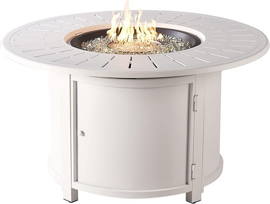 Oakland Living Round 44 in. x 44 in. Aluminum Propane Fire Pit Table with Glass Beads, Two Covers, Lid, 57,000 BTUs in White Finish