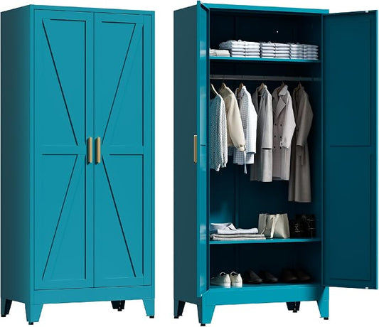 Washsemba 71'' Farmhouse Metal Wardrobe Cabinet with Hanging Rod, 2 Barn Door Wardrobe Closet with 2 Adjustable Shelves,for Dining Room,Bedroom,Living Room, Cloak Room,Office (Peacock Blue)