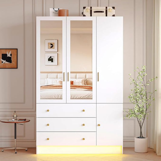 75" Tall 3 Doors Armoire Wardrobe Closet with 3 Drawers, Wooden Wardrobe Cabinet with LED Lights & Mirror, Freestanding Clothing Storage Cabinet with Hanging Rod, Adjustable Shelves (White, 3 Doors)