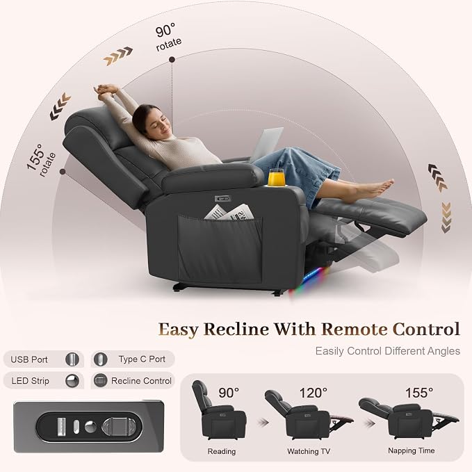 Extra Wide Seat Recliner Chair with Heat and Back Massage, Electric Power Oversized Reclining Chair Infinite Position with Storage Armrests & 2 Cup Holders for Living Room, Manual Recliners