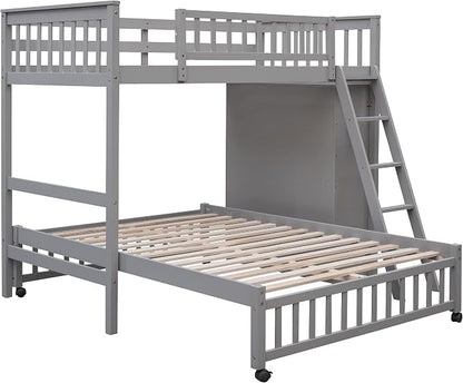 Ball & Cast Wooden Twin Over Full Bunk Bed with 6 Drawers & Flexible Shelves,Bottom Bedframe W/Wheel,Easy Assembly,Space Saving,Versatile Storage Furniture Set for Boy Girl Teen Compact Bedroom,Gray