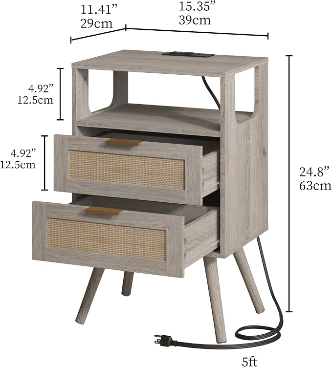 JOONEE Rattan Nightstand with Charging Station,Farmhouse Bedside Table with 2 Storage Drawer and Open Wood Shelf, for Bedroom and Small Spaces,Night Stand with Solid Wood Legs (Grey Oak-Outlet)