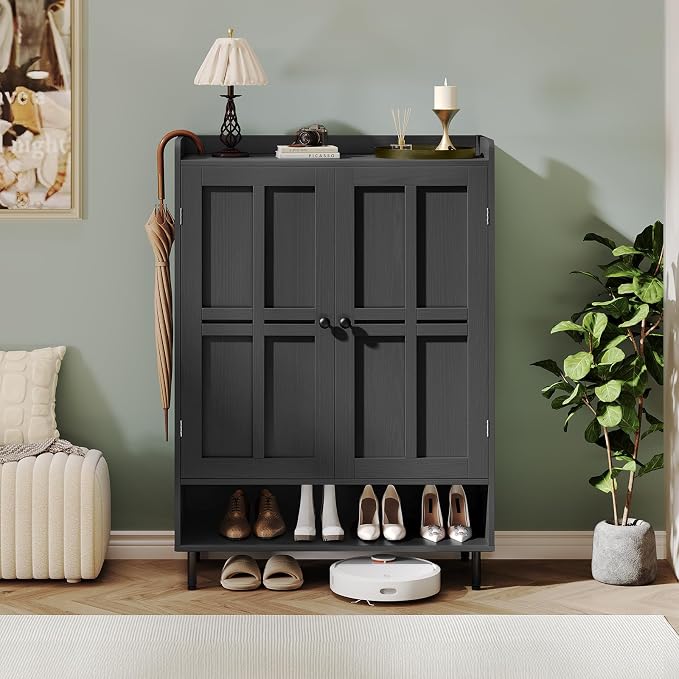 Shoe Storage Cabinet with 2 Doors, 6-Tier Shoe Cabinet with 3 Adjustable Shelves and Metal Legs, 45'' Tall Shoe Rack Organizer Cabinet for Entryway, Front Door, Black