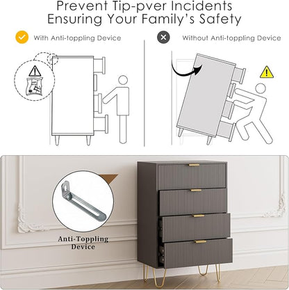 Masupu 4 Drawer Dresser, Drawer Chest, Tall Storage Dresser Chest Cabinet Organizer Unit with Gold Metal Legs, Nightstand for Bedroom, Living Room, Closet, Hallway Gray Stripe