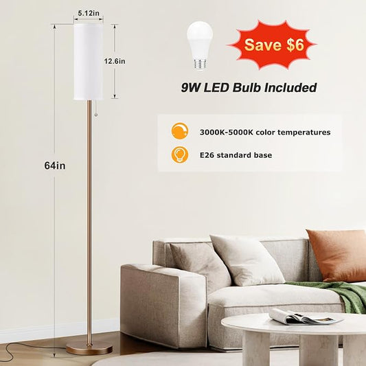 Ambimall Floor Lamp with 3 Color Temperatures Bulb, 64" Standing lamp with Linen lampshade for Bedroom, Minimalist Pole Lamp, White Shade & Brown Pole
