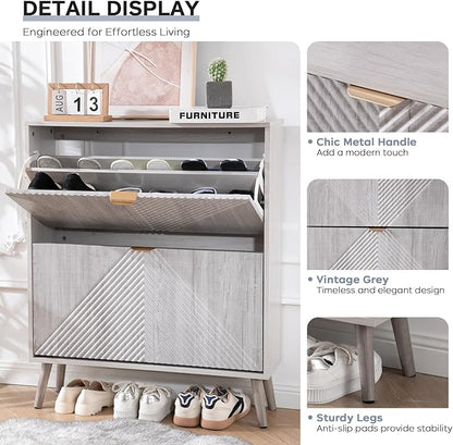 oakvivo Shoe Cabinet with 2 Flip Drawers, Freestanding Shoe Organizer with 4 Wooden feet, Modern Shoes Storage Cabinet for Entryway, Hidden Narrow Shoe Rack Cabinet for Foyer, Hallway, Mudroom, Grey