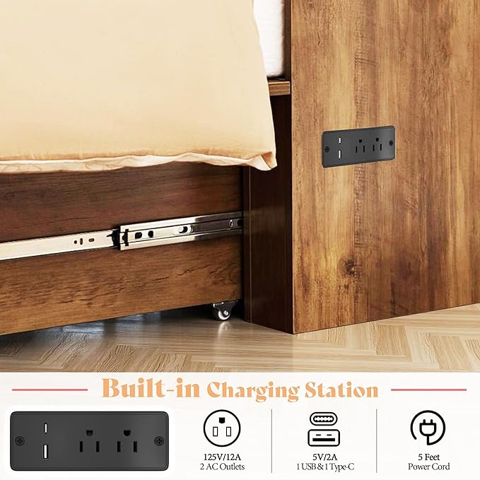 AMERLIFE Twin Murphy Bed Cabinet with Charging Station and Storage Drawer, Farmhouse Foldable Platform Bed for Home Office, Apartment, Small Spaces, Barnwood