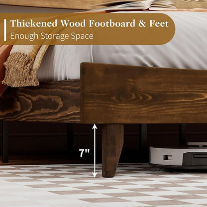 LUXOAK 14 Inch Solid Wood Bed Frame with Headboard, Japanese Bed Frame, Mid-Century Style Queen Size Platform Bed with Wood Slats Support, No Box Spring Needed, Easy Assembly, Chocolate