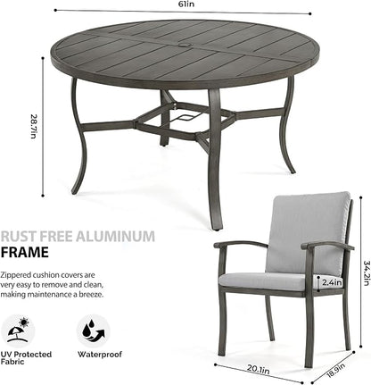 HAPPATIO Patio Dining Set, Aluminum Round Outdoor Dining Set for 8, 61" Round Dining Table with Umbrella Hole and 8 Chairs, Outdoor Table and Chairs with Removable Cushion for Lawn Yard Patio
