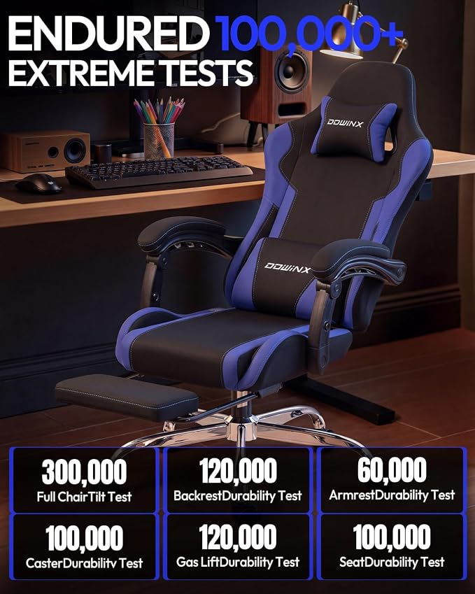 Dowinx Ergonomic Gaming Chair with Footrest & Massage Lumbar, 2D-Linkage Armrests for Computer Chair 330lbs with Headrest Pillow for Office, Home, Streaming and Long Gaming Sessions, Fabric Dark Blue