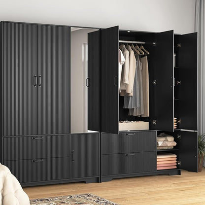 Black Fluted Wardrobe Closet with Mirror and Light, 3-Door Armoire Wardrobe with 2 Drawers, Hanging Rod, Shelves, Freestanding Bedroom Storage Cabinet