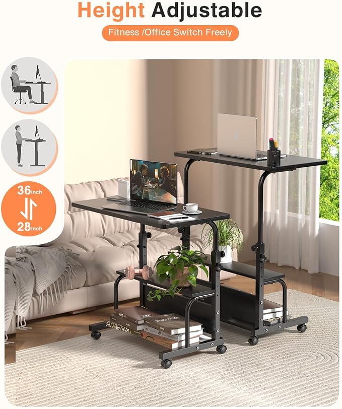 QZMDSM Portable Rolling Desk on Wheels Adjustable Height Desks for Small Spaces, 32" Computer Desk Drafting Tables with Storage Shelves for Home Office Black