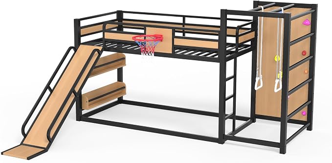 Harper & Bright Designs Heavy Duty Metal Bunk Bed with Slide and Basketball Hoop, Twin XL Size Bunk Bed with Bookshelf and Pull-up Rings for Bedroom, Black+Yellow