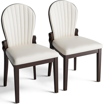 LIKIMIO Dining Chairs Set of 2, Leather Dining Chairs with Solid Wood Frame, Modern Dining Room Chairs with 350lbs Capacity and 19.6" Wide Seat, Upholstered Kitchen Chairs for Adults, Beige