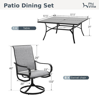 PHI VILLA Outdoor Dining Set for 8, Swivel Mesh Chairs & Square Table, Grey | Textilene chairs and large 57.5'' metal table with umbrella hole. All-weather patio furniture set designed for patio, deck
