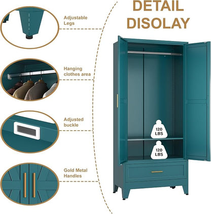 Metal Wardrobe Closet Cabinet with Drawers,71" H Large Bedroom Armoires with Shelves and Hanging Rod,Wardrobe Storage Cabinet with 2 Doors, 1 Adjustable Shelf and Drawers (1Drawer, Blue)
