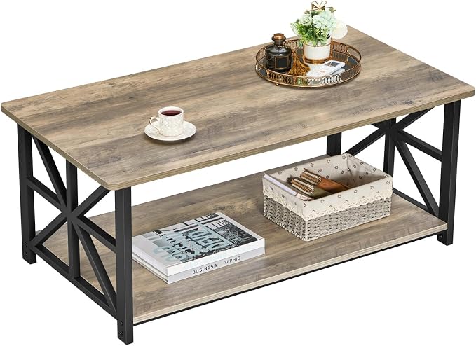 GreenForest Round Corners Coffee Table for Living Room | armhouse Style Center Table with Storage Shelf,39 Inch Space Saving Sofa Table,Easy Assembly,Gray Wash