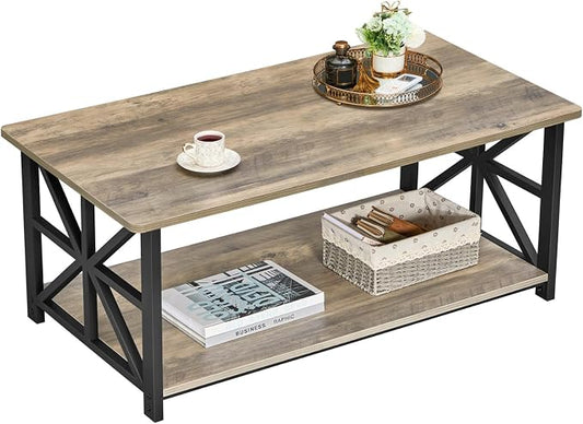 GreenForest Round Corners Coffee Table for Living Room | armhouse Style Center Table with Storage Shelf,39 Inch Space Saving Sofa Table,Easy Assembly,Gray Wash