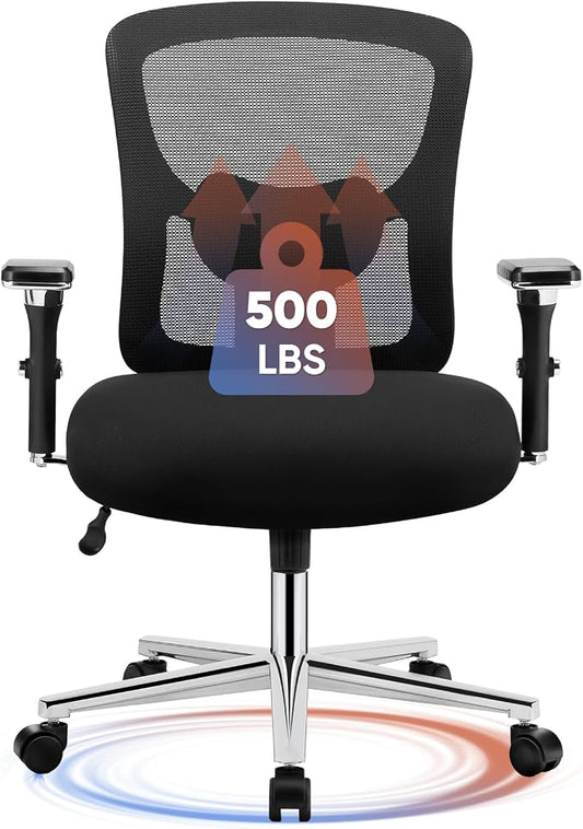 DUMOS Big and Tall Office Desk Chair with Lumbar Support, 500lbs Heavy Duty Mesh Ergonomic Computer Chair with 4D Armrest and Wide Comfy Seat, Swivel Wheels for Adult, Black