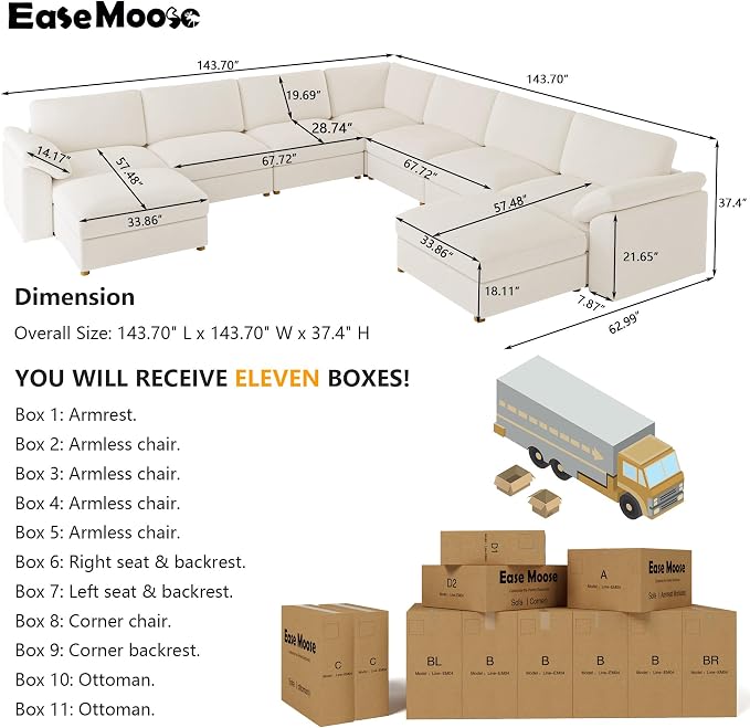 EASE MOOSE Oversized Sectional Modular Sofa,Comfty U Shape Sectional Modern Deep Seat Couch Modular Cloud Couch,White