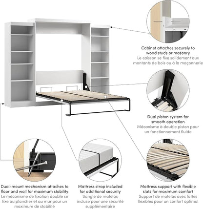 Bestar Pur Queen Murphy Bed and 2 Shelving Units, 115-inch Space-Saving Sleeping Arrangement with Storage in White