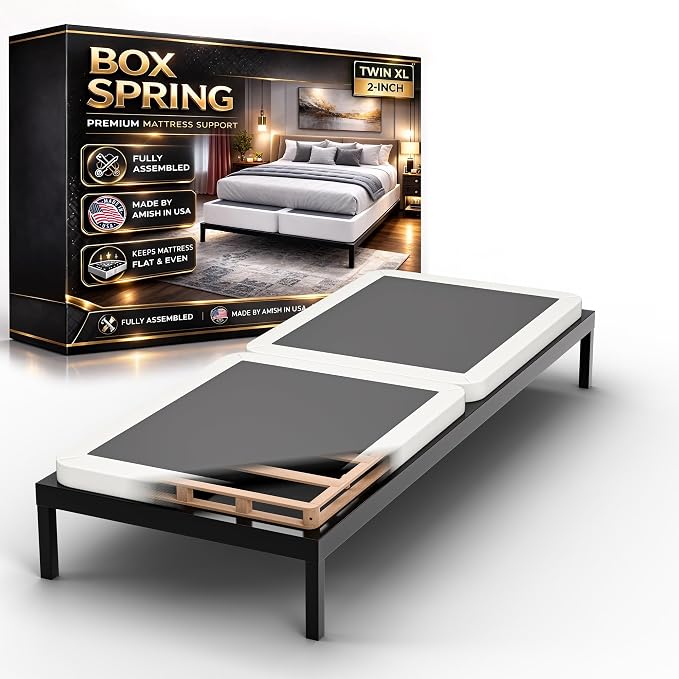 Box Spring Bed Base Twin XL Size, 2-Inch Wood Mattress Foundation - Amish Made in USA – Quiet Noise Free, Under Mattress-Support BoxSpring, Fully Assembled, White