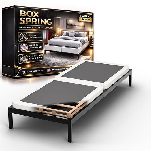 Box Spring Bed Base Twin XL Size, 2-Inch Wood Mattress Foundation - Amish Made in USA – Quiet Noise Free, Under Mattress-Support BoxSpring, Fully Assembled, White