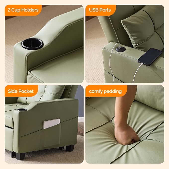 VINGLI Sofa Bed Chair Recliner, 3-in-1 Convertible Sleeper Sofa Chair Bed Green Daybed Pull Out Couch with Adjustable Backrest, USB Ports, Cup Holders for Small Spaces Living Room