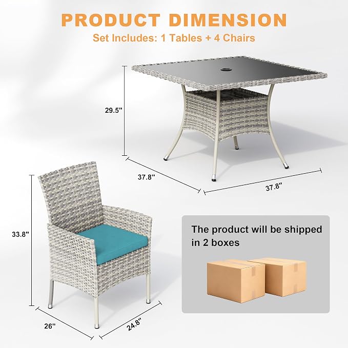 5-Piece Patio Dining Set, Patio Furniture Set with Square Tempered Glass Table & 4 Wicker Chairs, Expandable Design for Larger Groups, Outdoor Furniture for Backyard, Deck, Garden, Turquoise