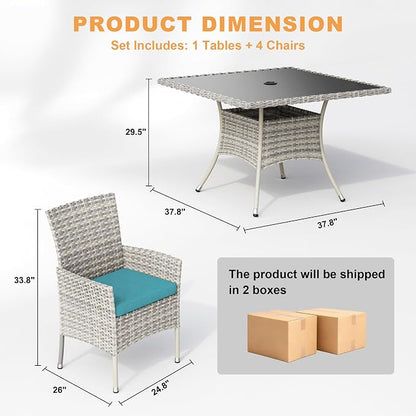 5-Piece Patio Dining Set, Patio Furniture Set with Square Tempered Glass Table & 4 Wicker Chairs, Expandable Design for Larger Groups, Outdoor Furniture for Backyard, Deck, Garden, Turquoise